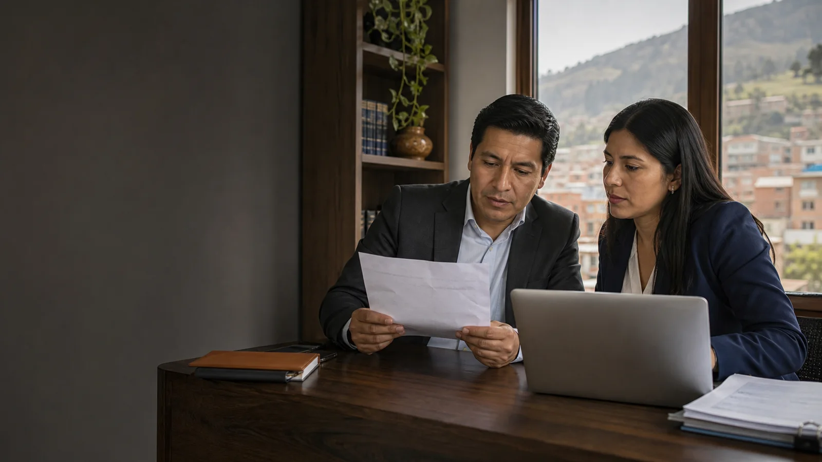 Empresario y asesora tributaria revisando una notificación en Abancay, Perú